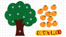 Felt orange tree math activity set laid out flat featuring 10 orange felt cutouts, a green tree base, and yellow felt numbers 1 through 10.