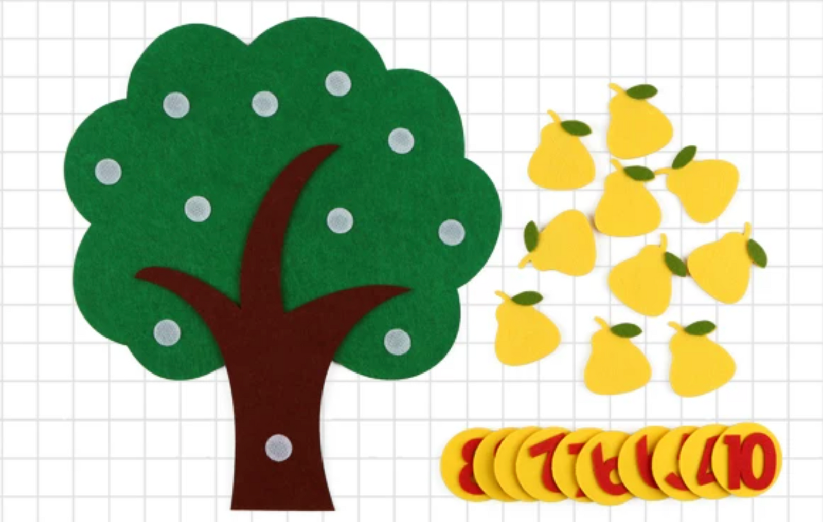 Felt pear tree counting set showing a green felt tree base alongside 10 yellow felt pears and yellow number discs.