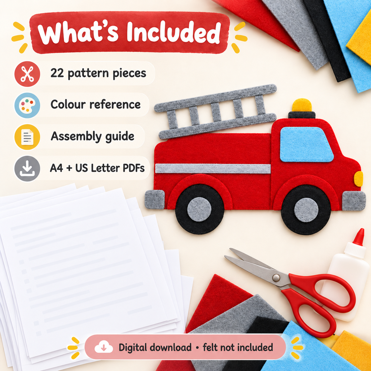 Fire Truck Felt Template PDF | Printable 22-Piece Craft Pattern | A4 & US Letter