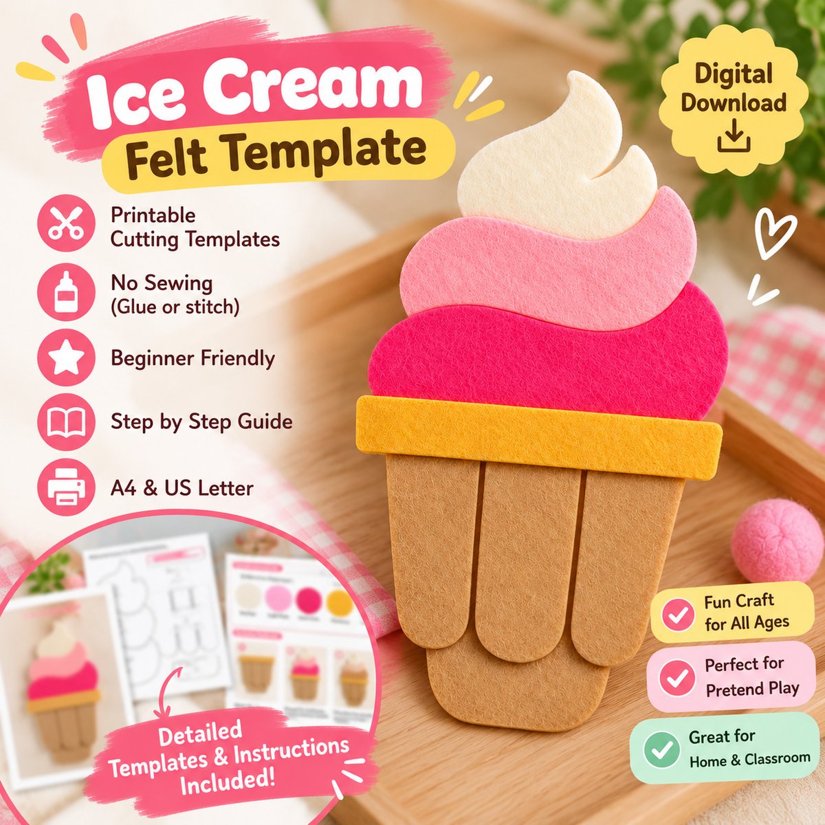 No Sew Felt Ice Cream Template PDF | Printable Felt Craft Pattern