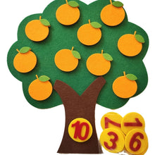 Interactive felt orange tree counting toy for toddlers with 10 orange felt fruits and detachable number tokens 1-10 for early learning.
