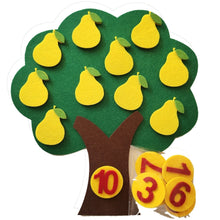 Montessori felt pear tree counting toy featuring 10 yellow felt pears attached to a green felt canopy with round yellow number badges.