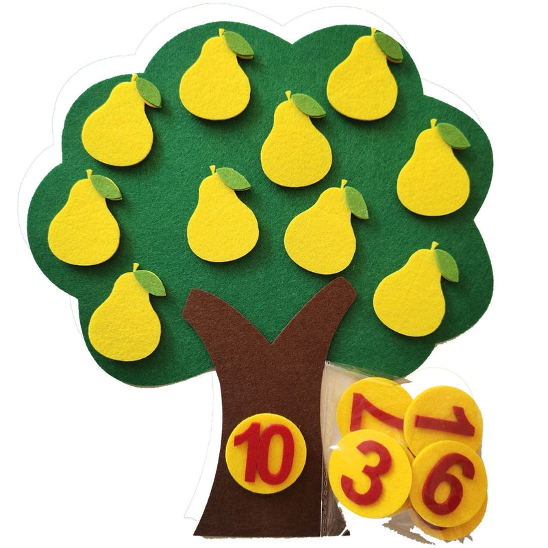 Montessori felt pear tree counting toy featuring 10 yellow felt pears attached to a green felt canopy with round yellow number badges.