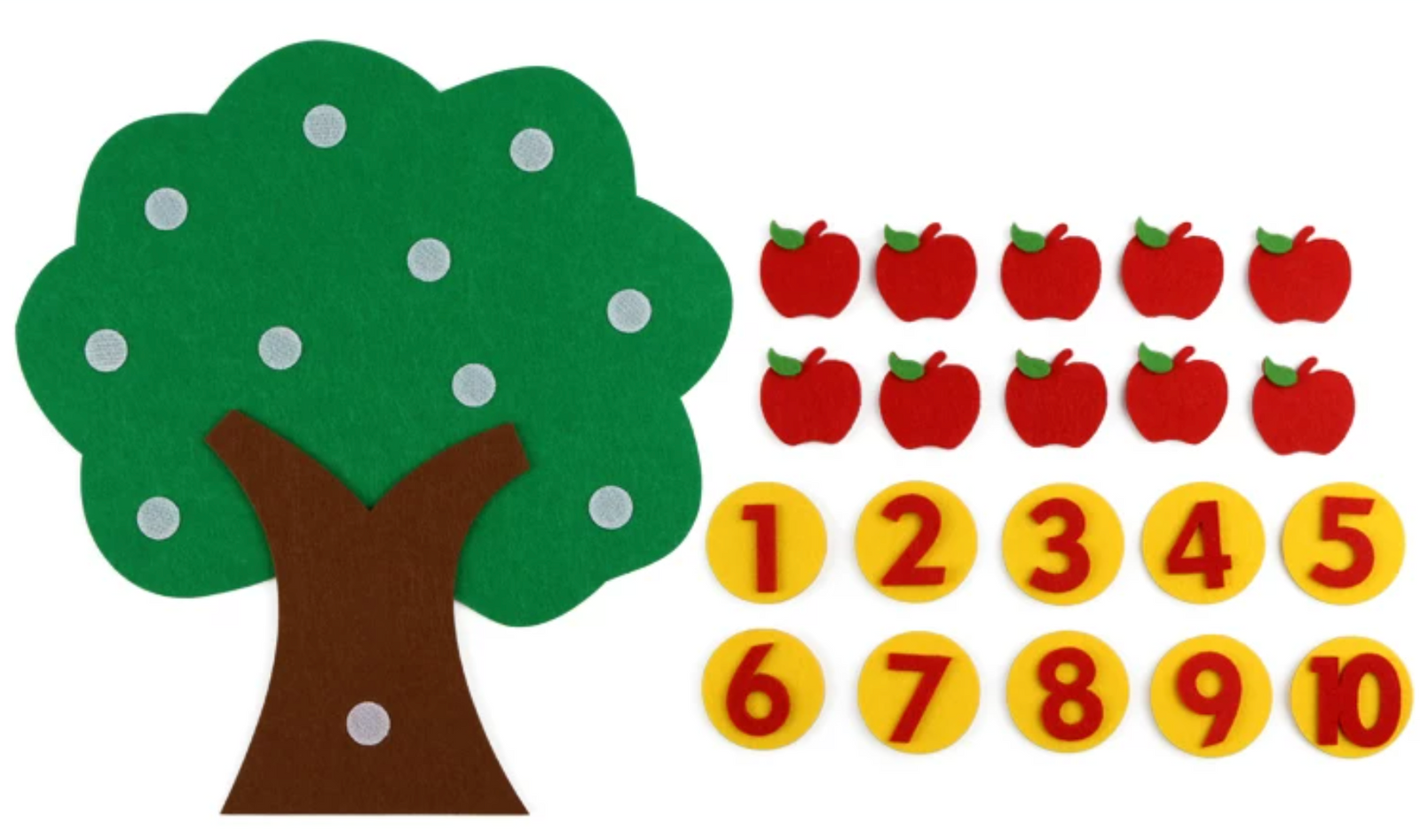 Preschool felt apple tree learning set arranged neatly showing the tree board, 10 red felt apples, and yellow number tokens ordered 1 to 10.