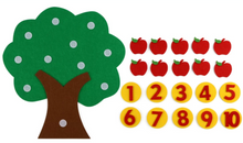 Preschool felt apple tree learning set arranged neatly showing the tree board, 10 red felt apples, and yellow number tokens ordered 1 to 10.