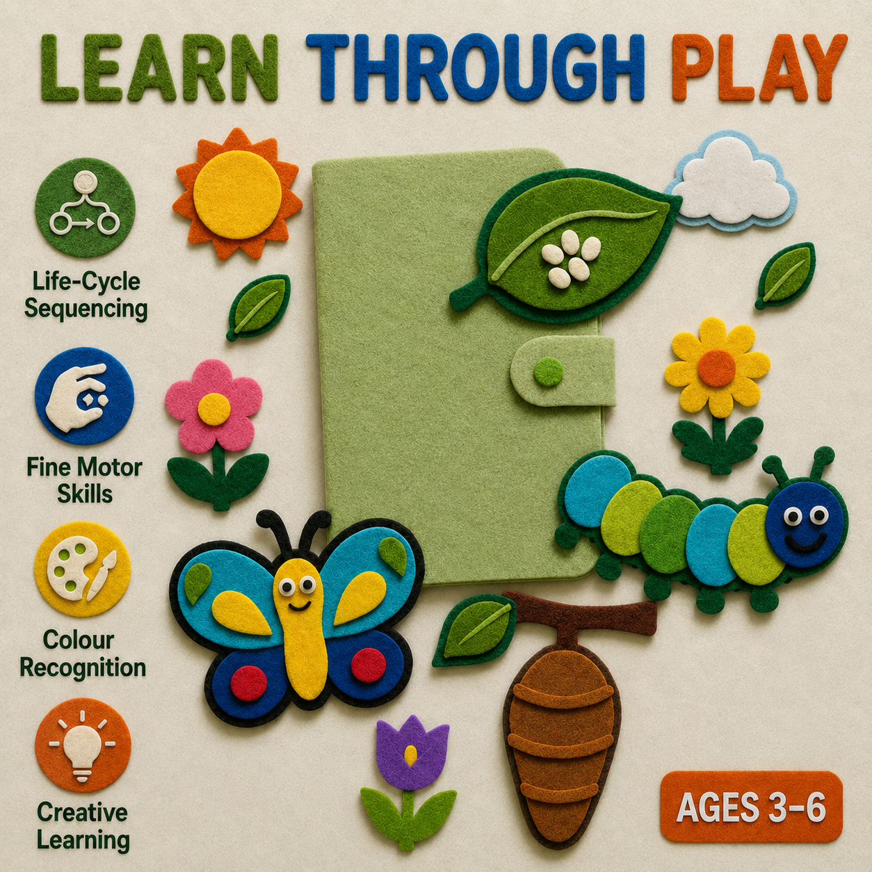 Butterfly Caterpillar Life Cycle Felt Templates and Colouring Activities, Preschool Printable Craft Bundle