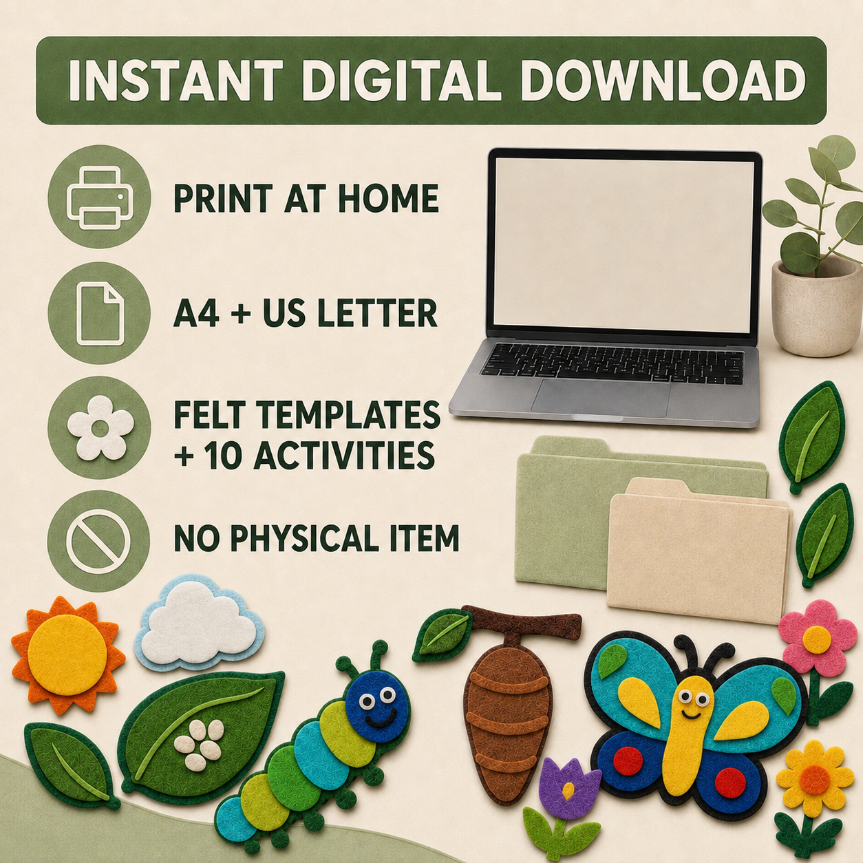 Butterfly Caterpillar Life Cycle Felt Templates and Colouring Activities, Preschool Printable Craft Bundle