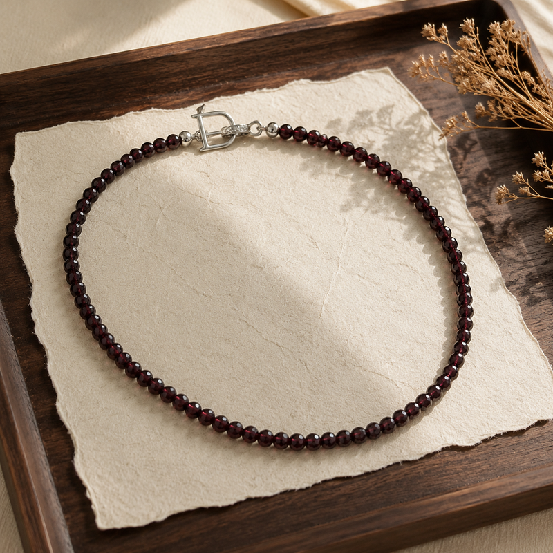 Faceted Garnet Bead Necklace with Silver D Toggle Clasp – 4mm Burgundy Gemstone Necklace