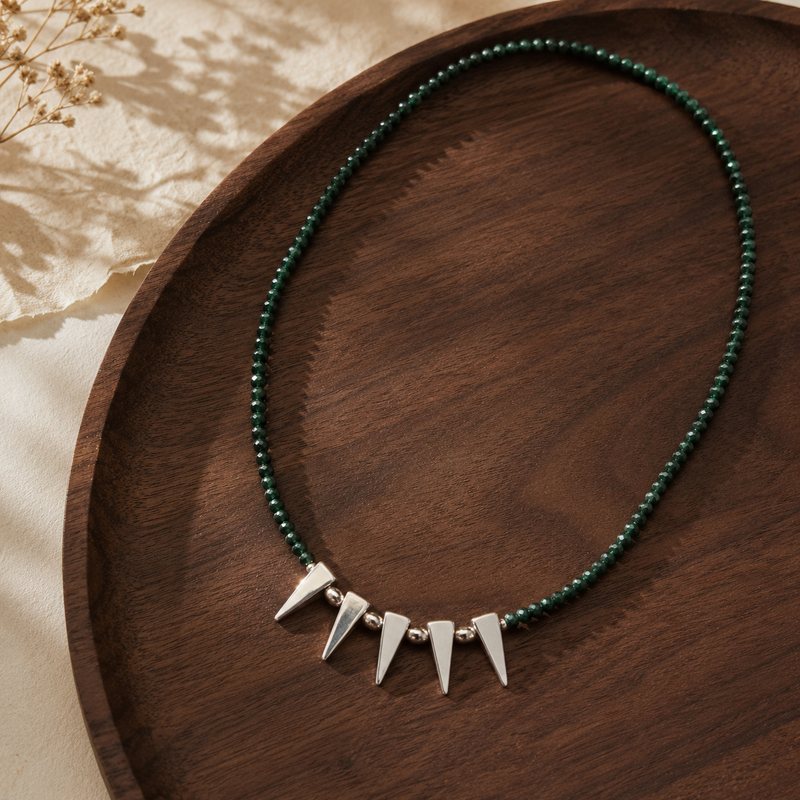 Faceted Malachite Bead Necklace with Silver Spike Pendants – S925 Adjustable Green Gemstone Choker