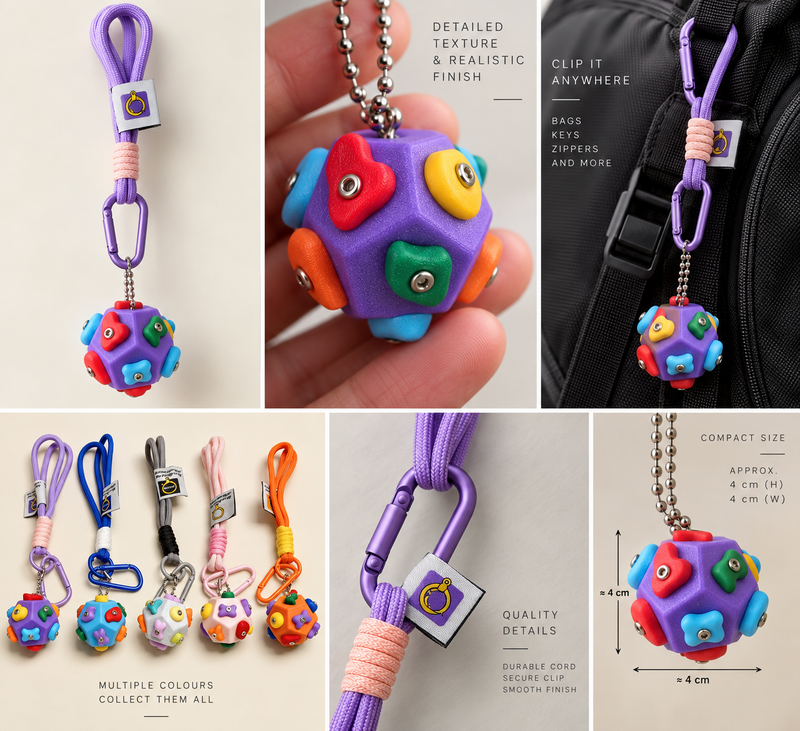 Mini climbing hold keychain with purple bouldering block, colourful holds, cord and carabiner.
