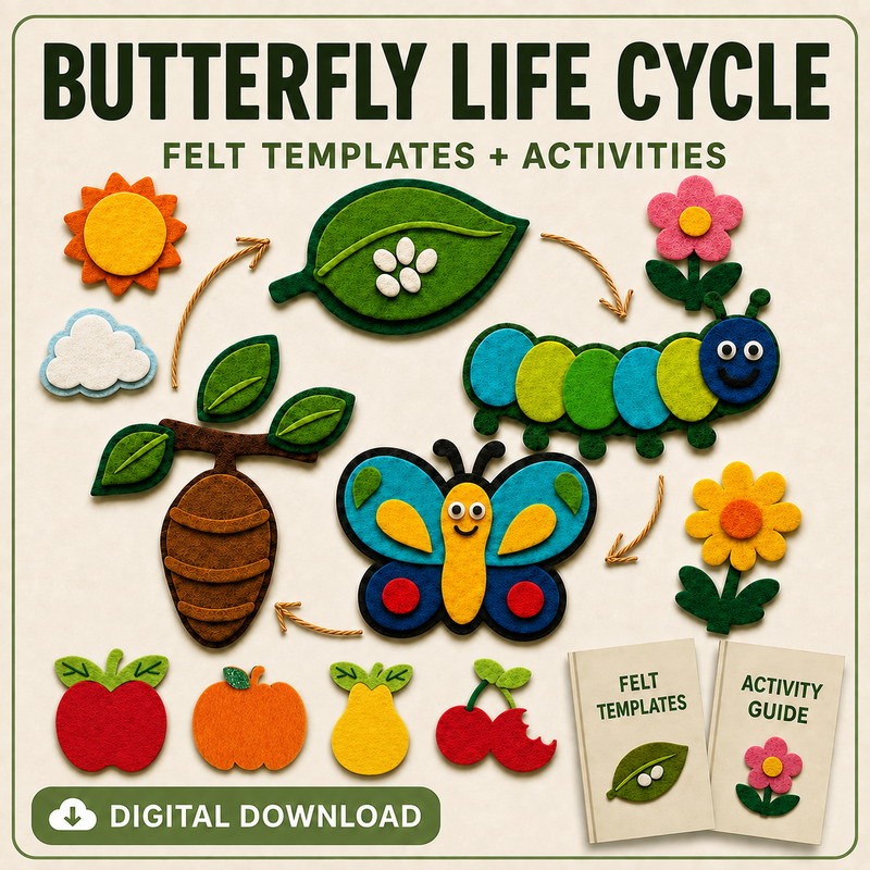 Butterfly Caterpillar Life Cycle Felt Templates and Colouring Activities, Preschool Printable Craft Bundle