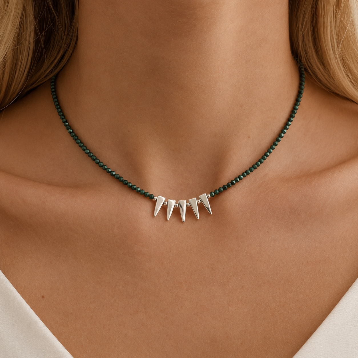 Faceted Malachite Bead Necklace with Silver Spike Pendants – S925 Adjustable Green Gemstone Choker