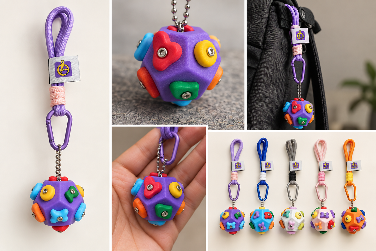 Mini bouldering collectible keychain showing purple cord, carabiner and colourful climbing holds.