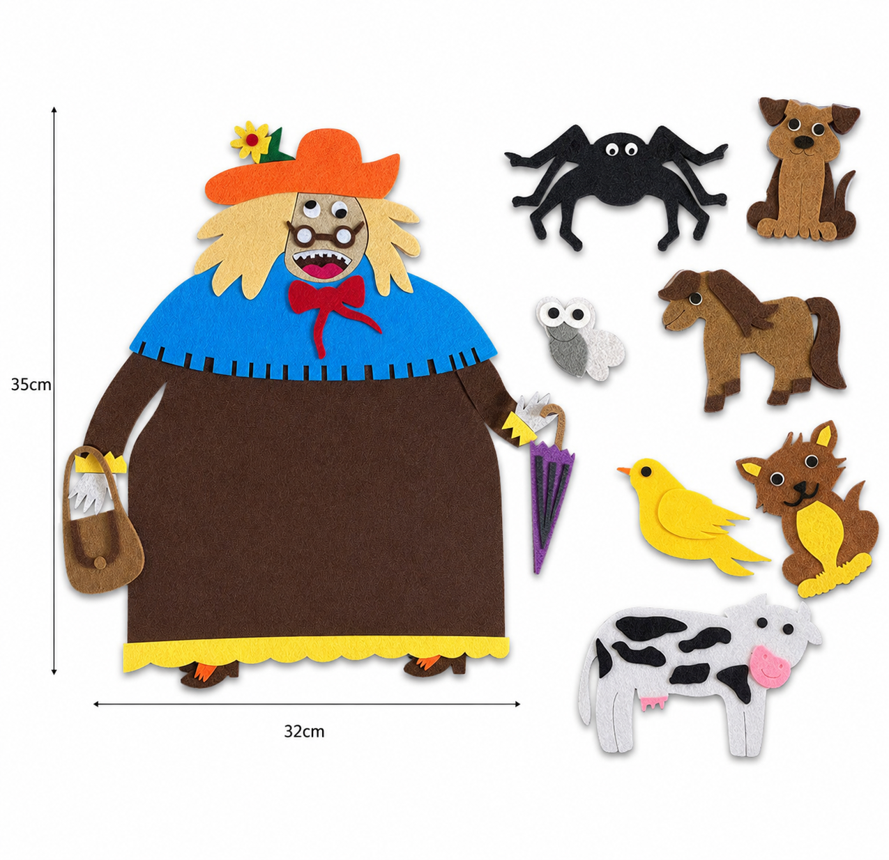 Old lady and animal felt story set with approximate 35 cm by 32 cm character size on white background