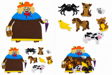 Old lady felt board storytelling set showing character, animals and play arrangement on white background