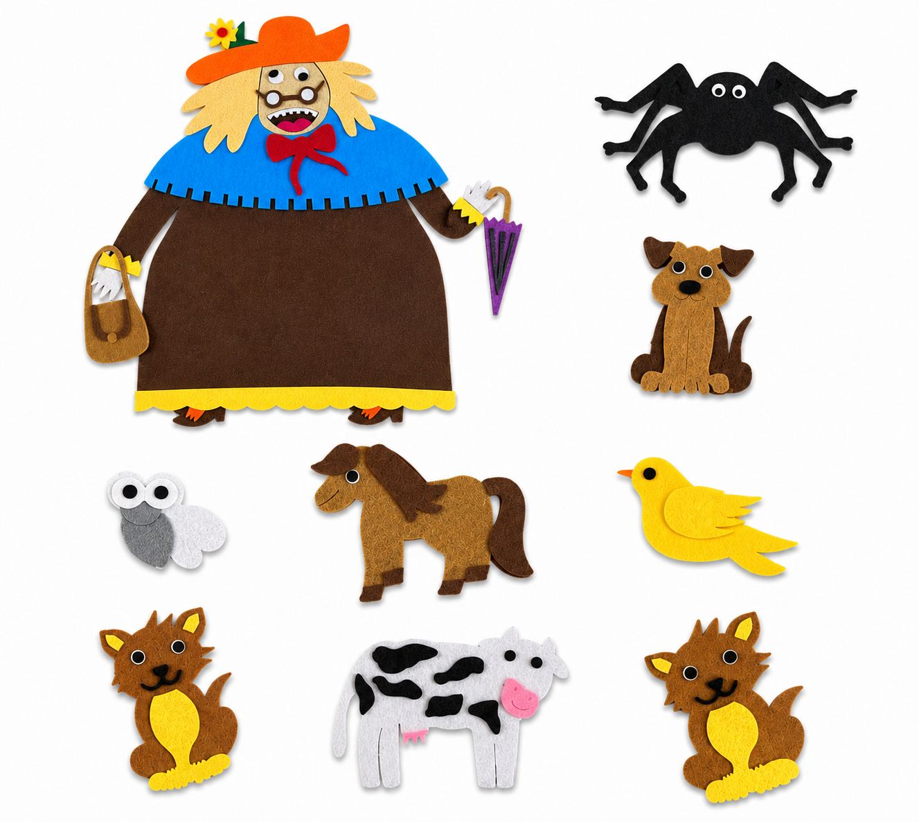 Old lady and animals felt story set with individual felt pieces on white background