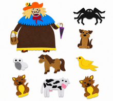 Old lady and animals felt story set with individual felt pieces on white background