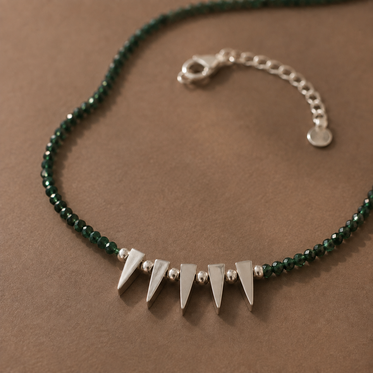 Faceted Malachite Bead Necklace with Silver Spike Pendants – S925 Adjustable Green Gemstone Choker