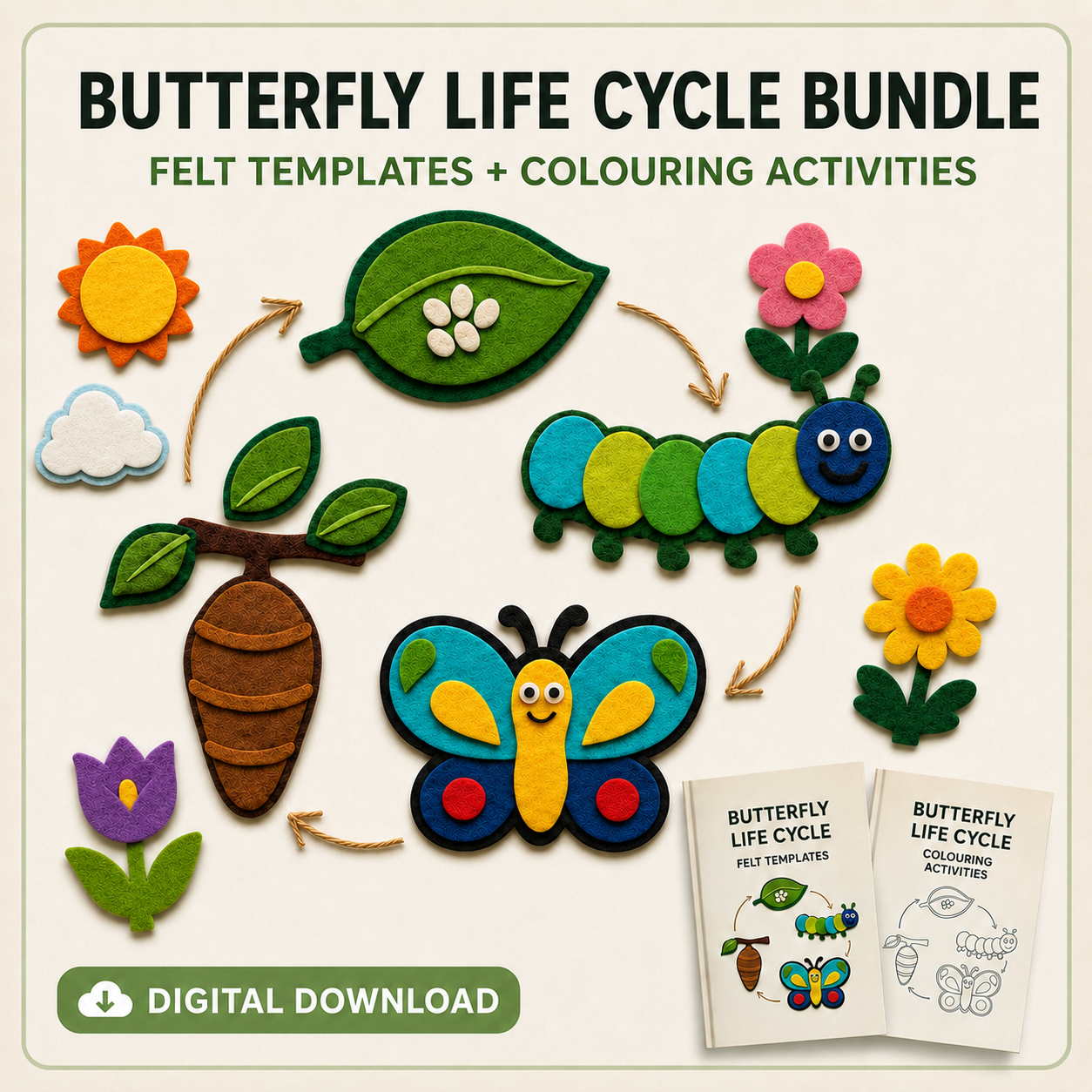 Butterfly Caterpillar Life Cycle Felt Templates and Colouring Activities, Preschool Printable Craft Bundle