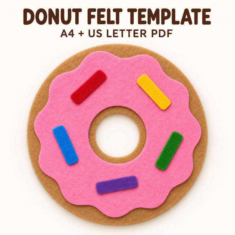 Pink felt donut template PDF for beginner pretend play food craft