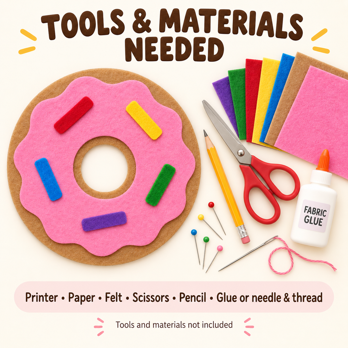 Felt Donut Template PDF - 18cm Beginner Pretend Play Food Craft - donut felt template tools materials