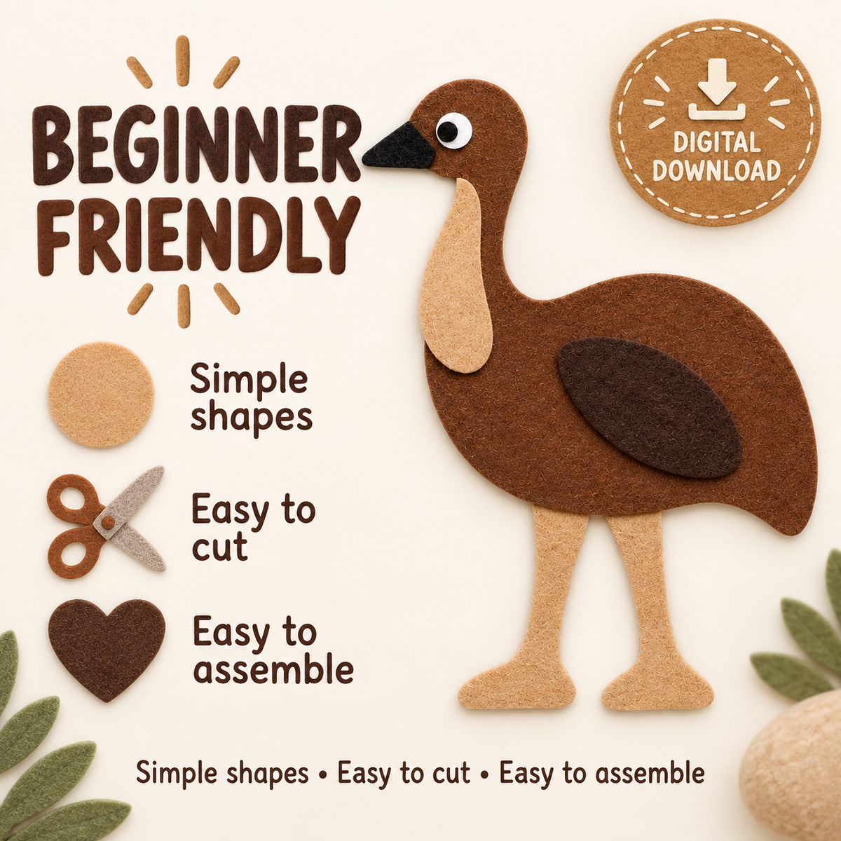 Beginner-friendly emu felt craft template with simple shapes that are easy to cut and assemble