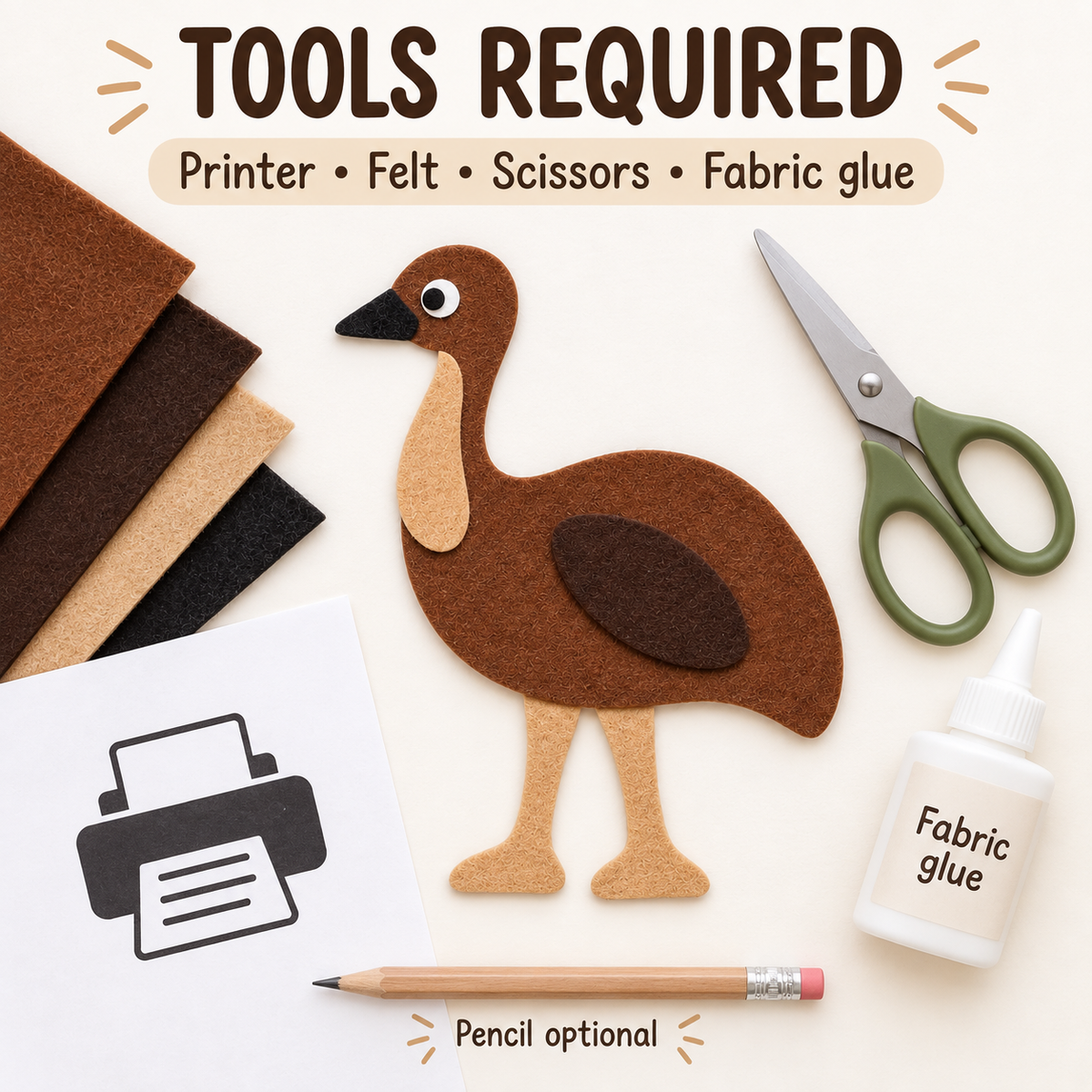 Emu felt template digital download with A4 US Letter and colour assembly guide PDF files