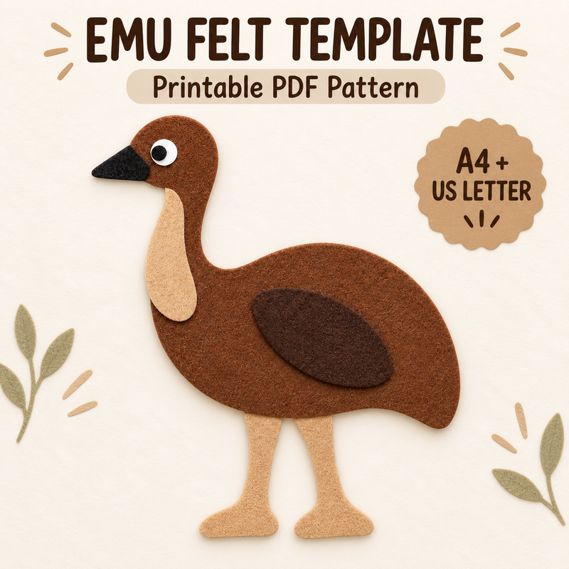 Printable Australian emu felt template PDF pattern shown as an assembled felt craft