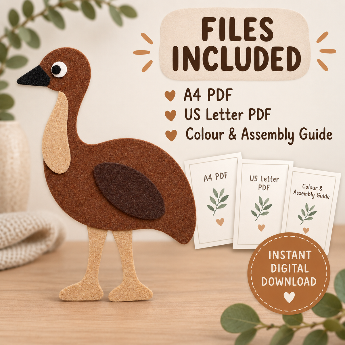 Emu felt template with clear step-by-step cutting and assembly instructions