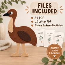 Emu felt template with clear step-by-step cutting and assembly instructions