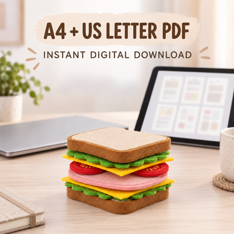 Felt Sandwich Template PDF - 18cm Pretend Play Food Pattern - felt sandwich template digital download
