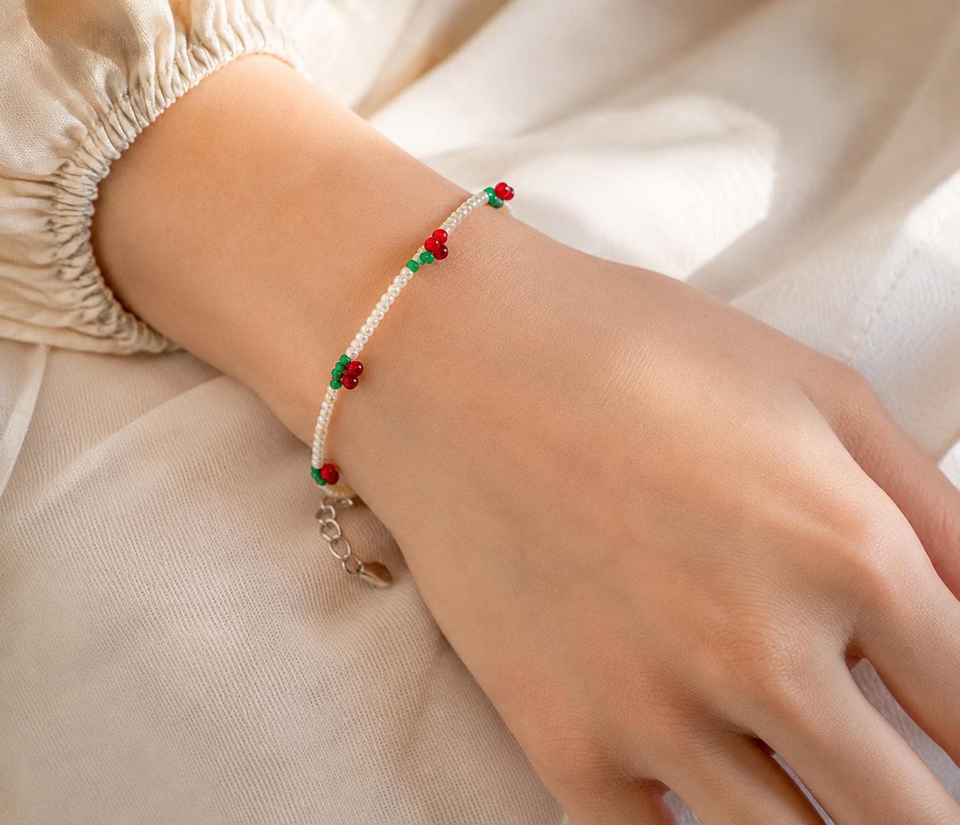 Miyuki Beaded Cherry Bracelet, Dainty Silver Fruit Jewellery, Bracelet for women, Gift for Her product image 2