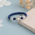 Navy Blue Beaded Flower Ring, Miyuki Seed Bead Stretch Ring, Silver Daisy