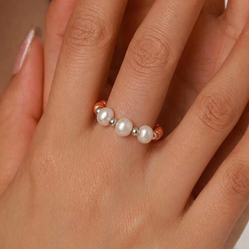Coral Freshwater Pearl Ring, Miyuki Seed Bead Stretch Ring, Sterling Silver Spacers product image 2