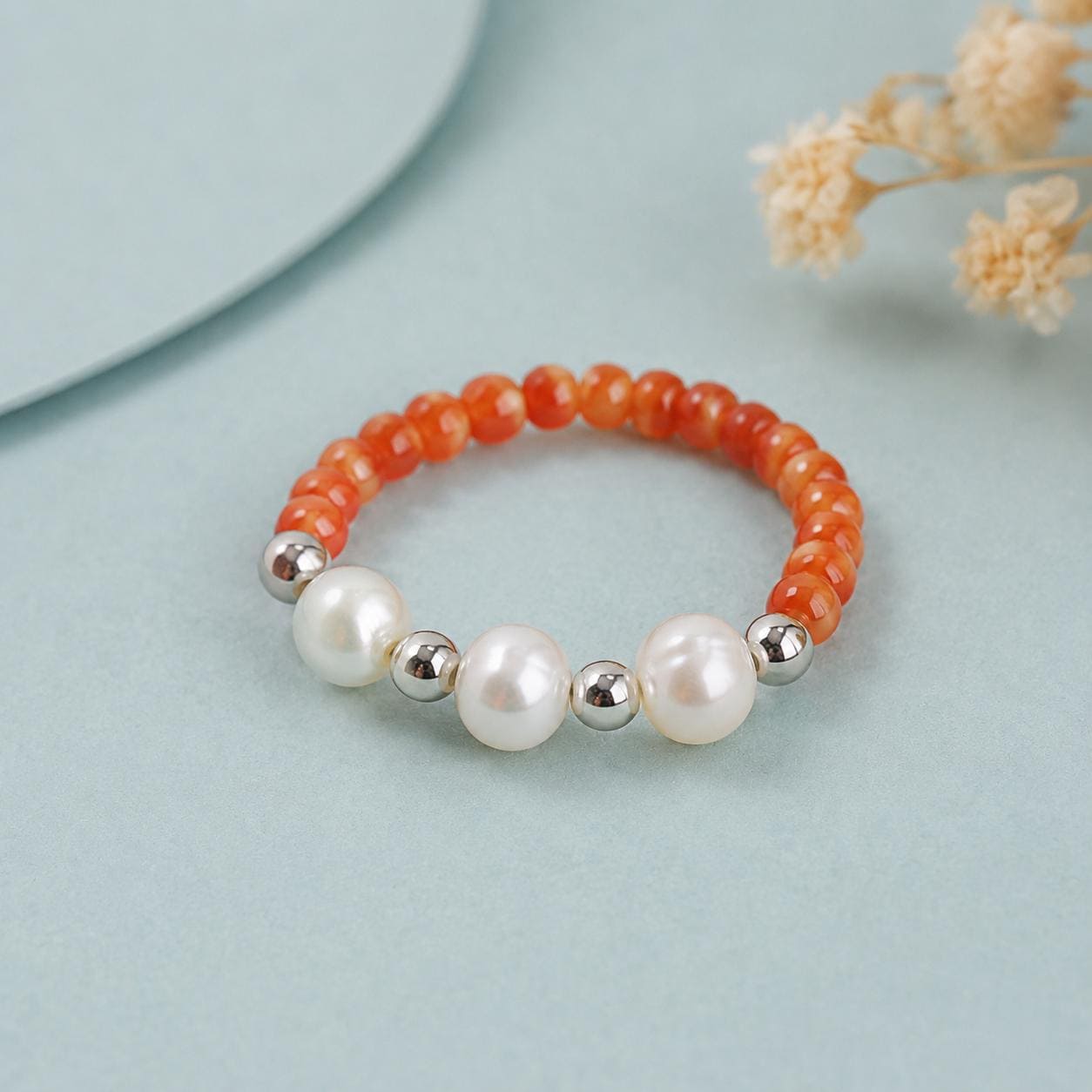 Coral Freshwater Pearl Ring, Miyuki Seed Bead Stretch Ring, Sterling Silver Spacers product image 4