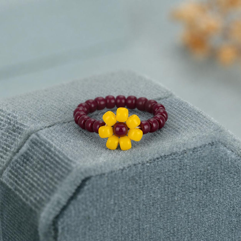 Burgundy Beaded Flower Ring, Yellow Miyuki Seed Bead Daisy, Stretch Ring product image 2