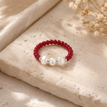 Red Freshwater Pearl Ring, Miyuki Seed Bead Stretch Ring, Sterling Silver Spacers product image 2