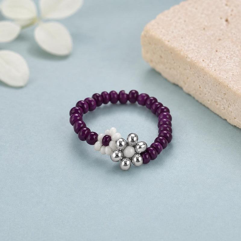Purple Beaded Flower Ring, Miyuki Seed Bead Stretch Ring, Silver Daisy product image