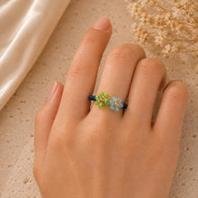 Dual Flower Beaded Ring, Green Blue Miyuki Seed Bead Stretch Jewellery product image 2