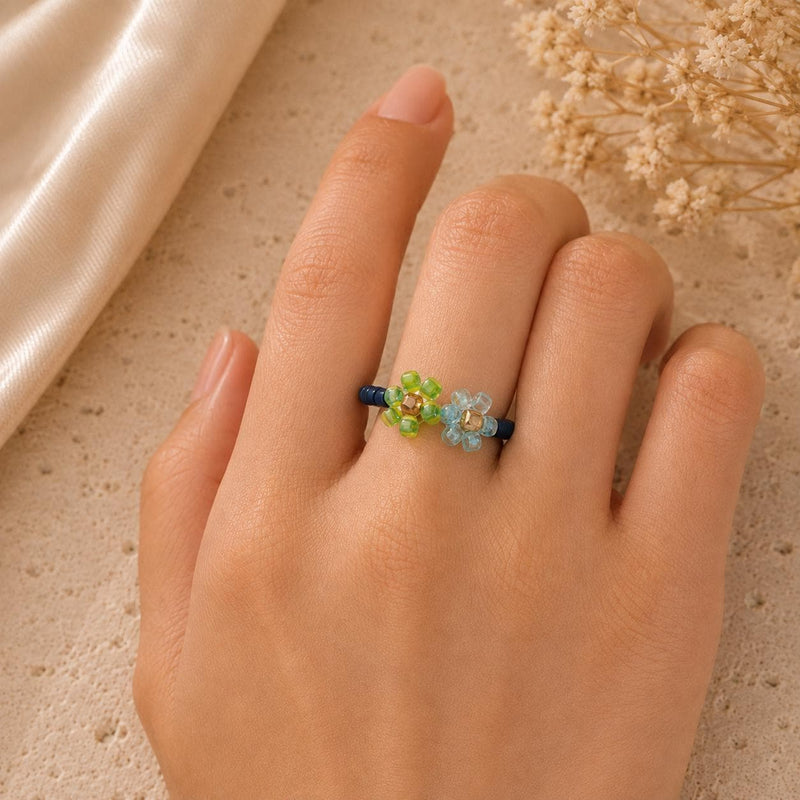Dual Flower Beaded Ring, Green Blue Miyuki Seed Bead Stretch Jewellery product image 2