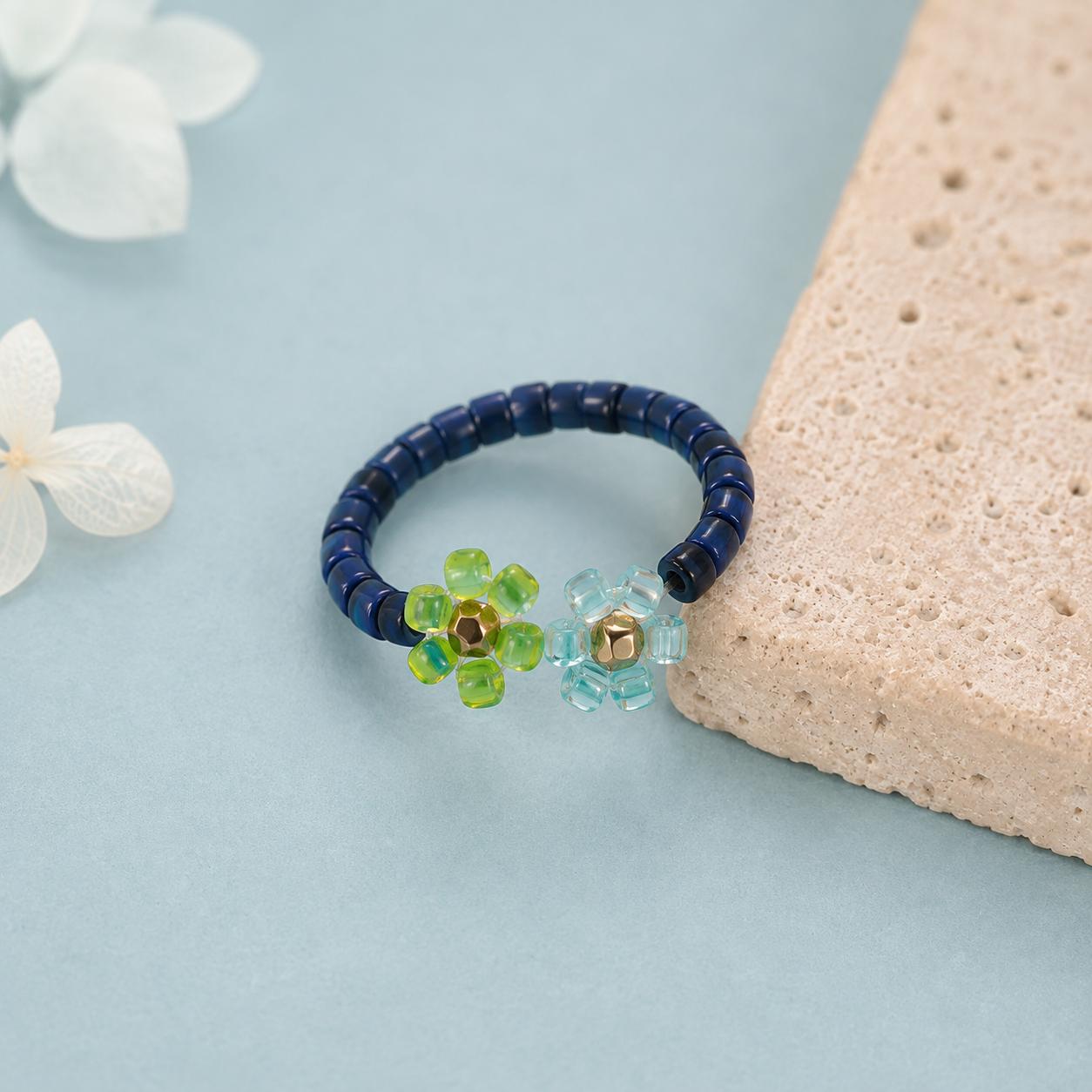 Dual Flower Beaded Ring, Green Blue Miyuki Seed Bead Stretch Jewellery product image 3