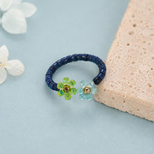Dual Flower Beaded Ring, Green Blue Miyuki Seed Bead Stretch Jewellery product image 3