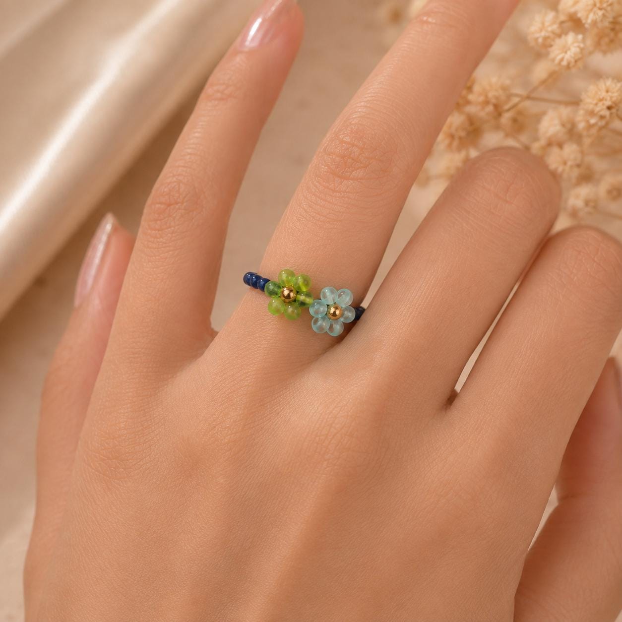 Dual Flower Beaded Ring, Green Blue Miyuki Seed Bead Stretch Jewellery product image 4