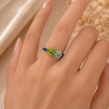 Dual Flower Beaded Ring, Green Blue Miyuki Seed Bead Stretch Jewellery product image 4