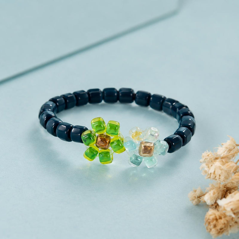 Dual Flower Beaded Ring, Green Blue Miyuki Seed Bead Stretch Jewellery product image