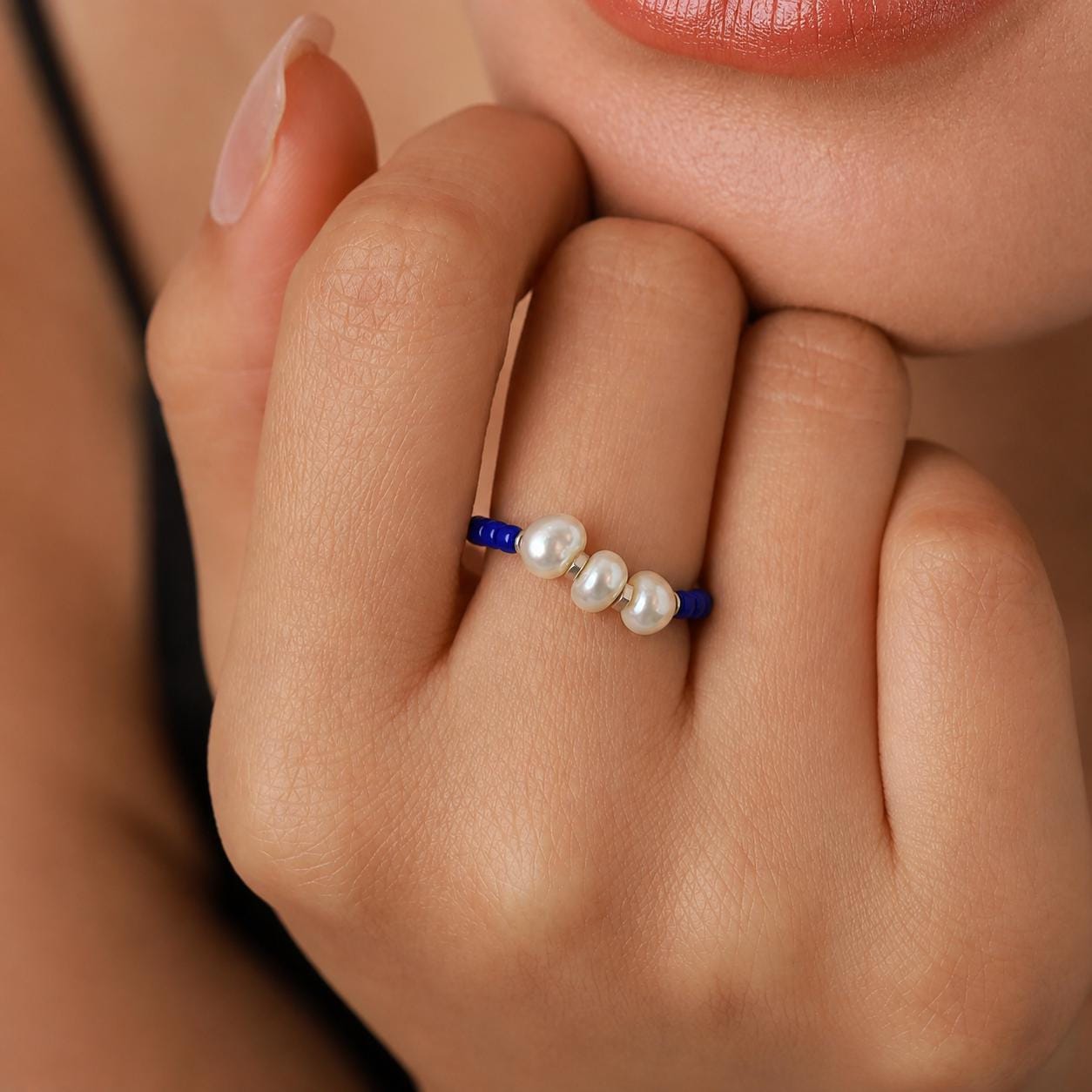 Blue Freshwater Pearl Ring, Miyuki Seed Bead Stretch Ring, Sterling Silver Spacers product image 5