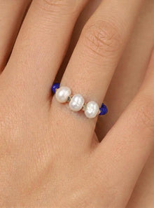Blue Freshwater Pearl Ring, Miyuki Seed Bead Stretch Ring, Sterling Silver Spacers product image 3