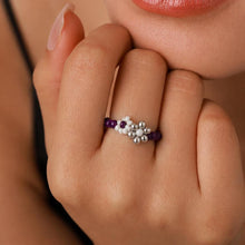 Purple Beaded Flower Ring, Miyuki Seed Bead Stretch Ring, Silver Daisy product image 4