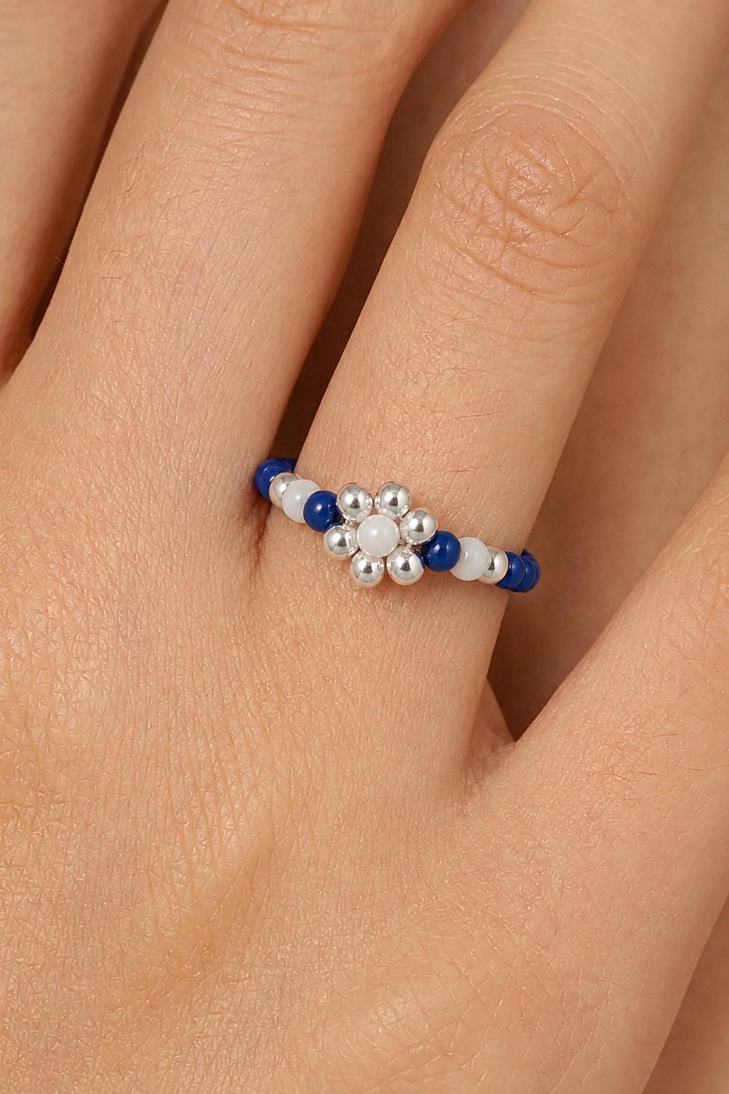 Navy Blue Beaded Flower Ring, Miyuki Seed Bead Stretch Ring, Silver Daisy product image 2