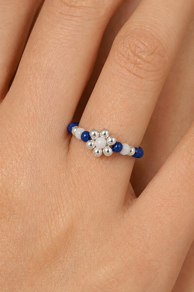 Navy Blue Beaded Flower Ring, Miyuki Seed Bead Stretch Ring, Silver Daisy product image 2